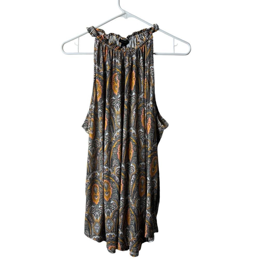 Ann Taylor Orange Pink Paisley Ruched High Neck Tank Top